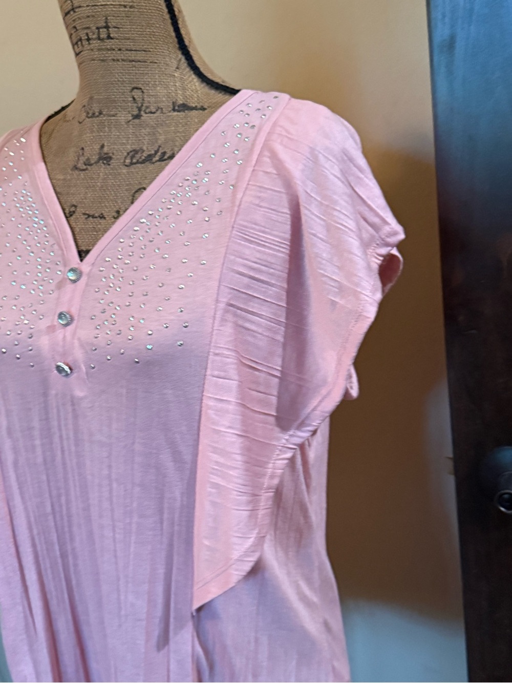 Pink Rhinestone V-Neck Flutter Sleeve Top - Picture 3 of 8